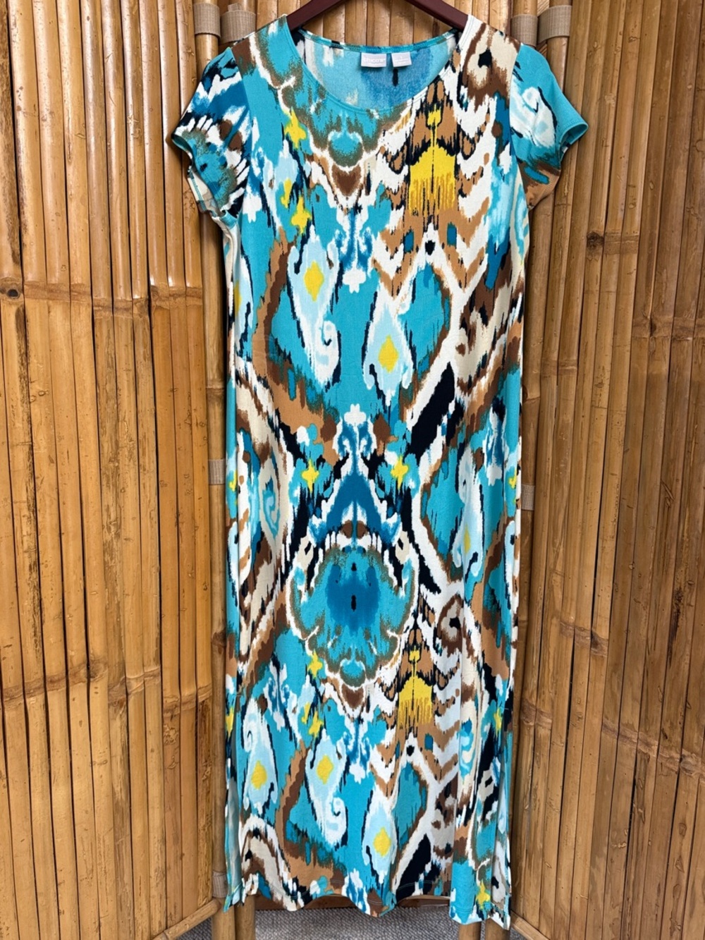 Chico's Travelers Turquoise Brown Yellow Ikat Maxi Dress